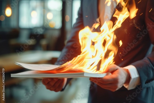 Corporate Scandal: Closeup of Hand Holding Burning Document in Office. Burning Sensitive Documents