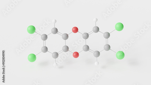 2,3,7,8-Tetrachlorodibenzo-p-dioxin molecule 3d, molecular structure, ball and stick model, structural chemical formula tcdd, dioxin