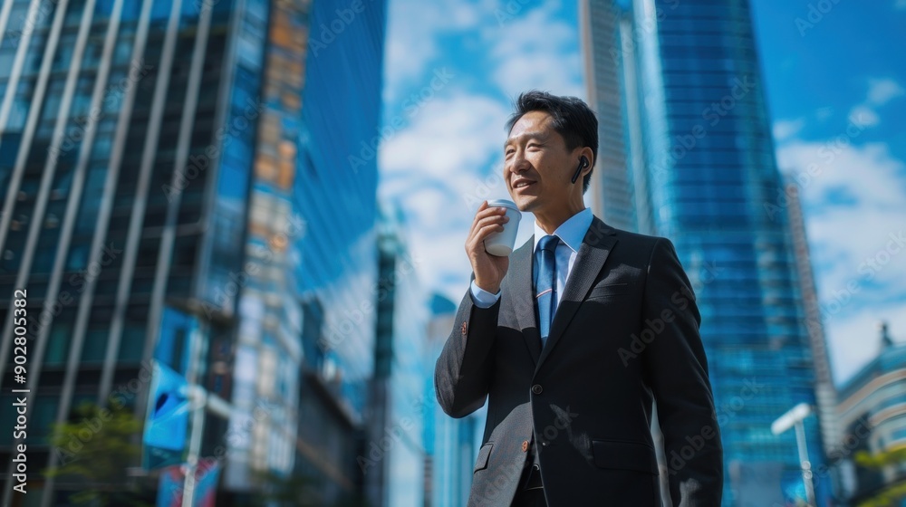 An Asian businessman dressed in a smart suit walks confidently in the capital city while holding a cup of coffee and making a phone call. The background showcases the bustling urban environment with An Asian businessman dressed in a smart suit walks confidently in the capital city while holding a cup of coffee and making a phone call. The background showcases the bustling urban environment with