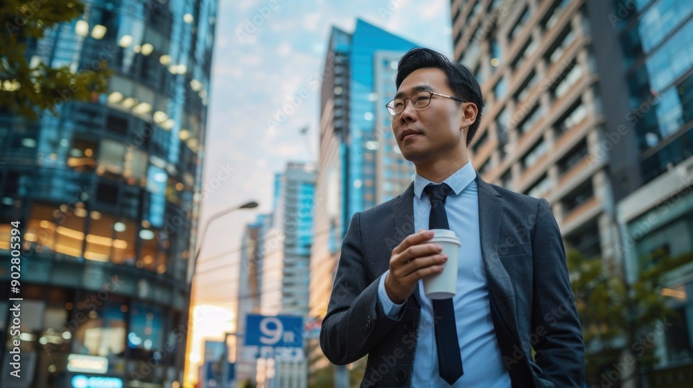 An Asian businessman dressed in a smart suit walks confidently in the capital city while holding a cup of coffee and making a phone call. The background showcases the bustling urban environment with An Asian businessman dressed in a smart suit walks confidently in the capital city while holding a cup of coffee and making a phone call. The background showcases the bustling urban environment with