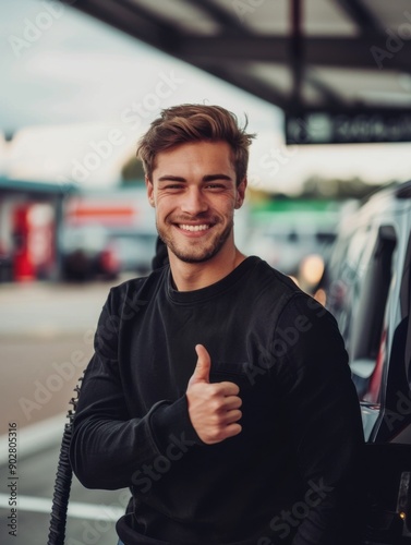 A cheerful young man gives a thumbs up at a fuel station, embodying a sense of satisfaction and positivity. photo