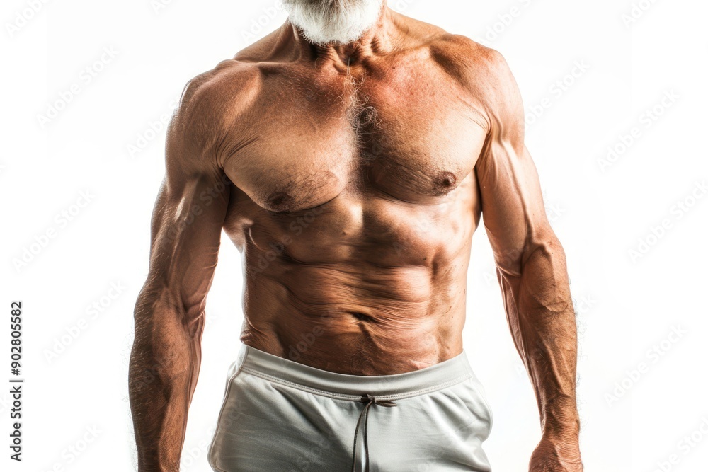 Fototapeta premium Cropped image of sporty old man with muscular abs in underwear Isolated on white background