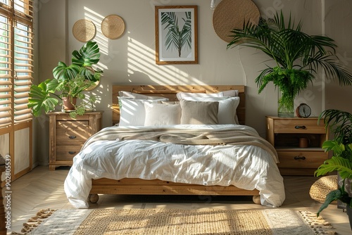 Cozy sustainable bedroom in natural colors with wooden furniture, stylish interior accessories and natural cotton textile indoor plants. Eco friendly home