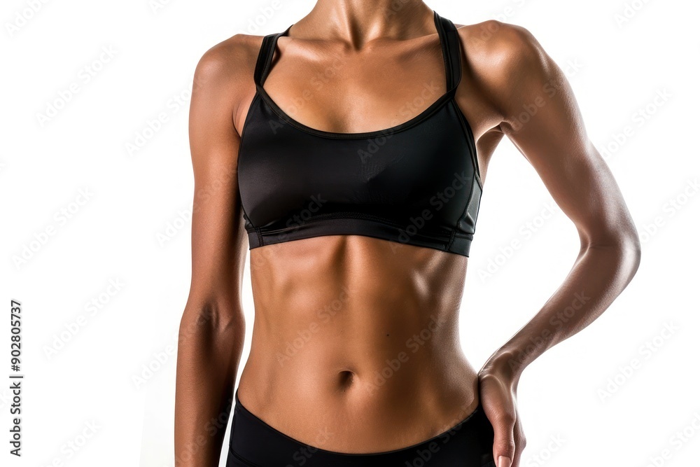 Cropped image of sporty woman with muscular abs in black underwear Isolated on white background Cropped image of sporty woman with muscular abs in black underwear Isolated on white background