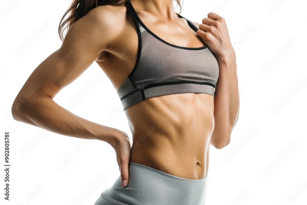 Cropped image of sporty woman with muscular abs in black underwear Isolated on white background Cropped image of sporty woman with muscular abs in black underwear Isolated on white background