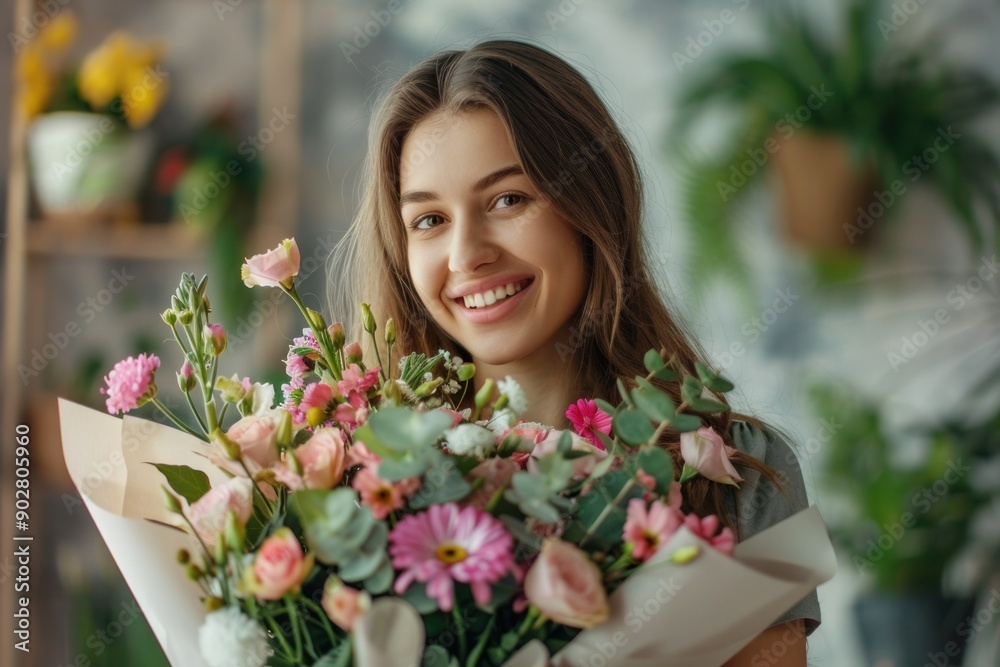 Delighted young woman with bouquet. Happy young woman congratulations for mother's day and flowers