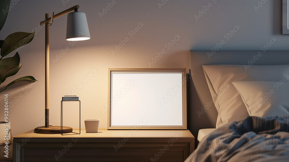 Cozy Nightstand with Lamp and Blank Frame in a Serene Bedroom Cozy Nightstand with Lamp and Blank Frame in a Serene Bedroom