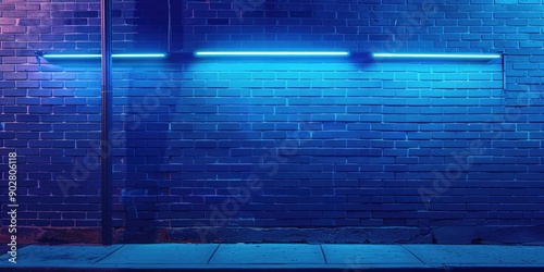 A blue brick wall with neon lights installation, great for nightlife or urban themes