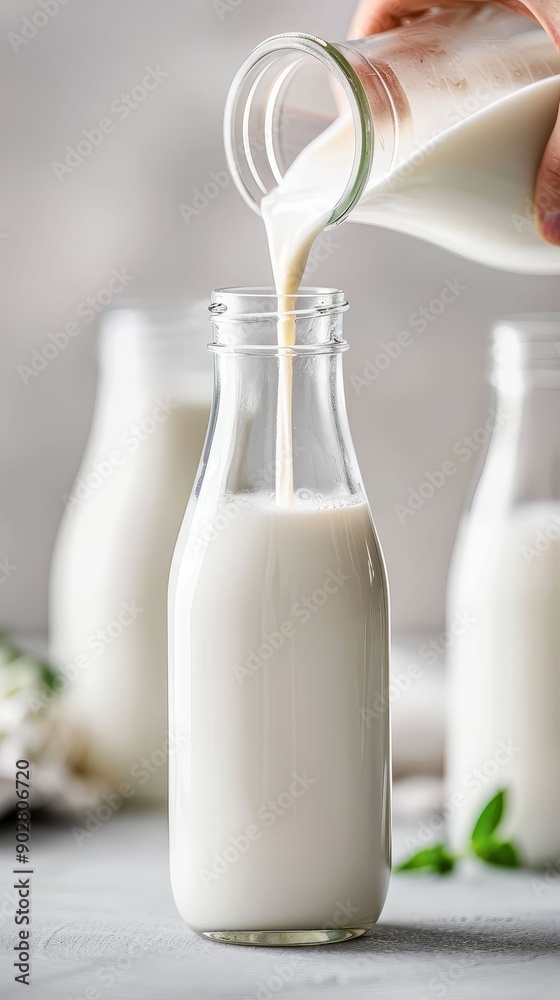 Farm fresh milk being poured into glass bottles, dairy, agriculture products