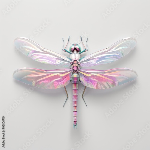 Cyberpunk Neon Glow - Fluorescent Metallic Dragonfly on White Background, Generative Ai