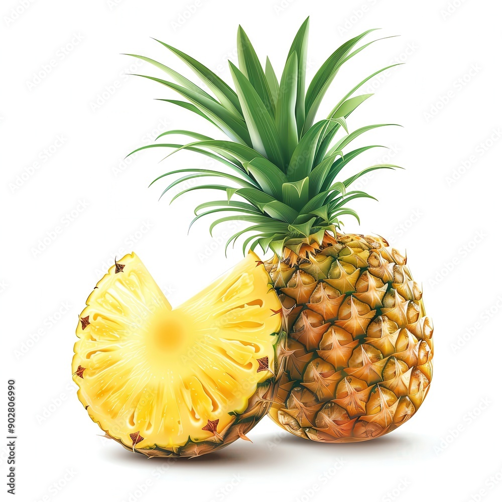Close-up of a fresh pineapple with a slice, showcasing its vibrant yellow flesh and green leaves against a white background. Close-up of a fresh pineapple with a slice, showcasing its vibrant yellow flesh and green leaves against a white background.