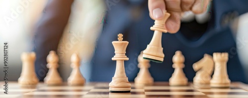 Close-up of a hand moving a chess piece during a game, emphasizing strategy and decision-making in a professional setting.