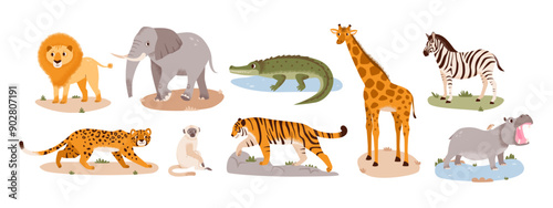 Safari animals set. Wild jungle animals. Flat vector savannah characters isolated on white background