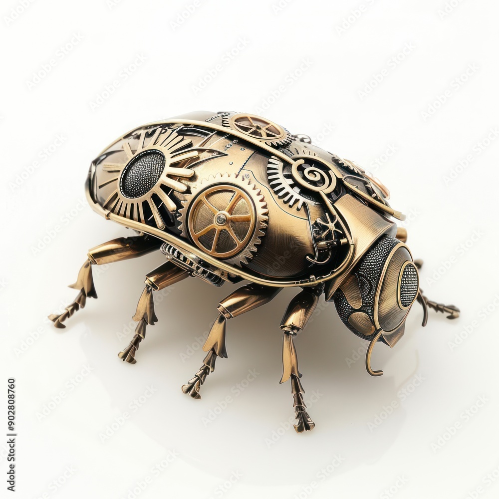 Steampunk Brass Beetle with Rotating Gears on White Background - Retro Industrial Insect Art Sculpture, Generative Ai Steampunk Brass Beetle with Rotating Gears on White Background - Retro Industrial Insect Art Sculpture, Generative Ai
