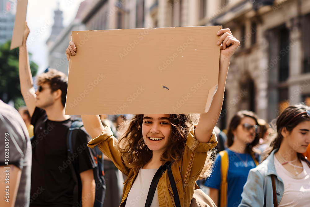 Young Woman Holding Blank Cardboard Sign in Crowd During Demonstration
