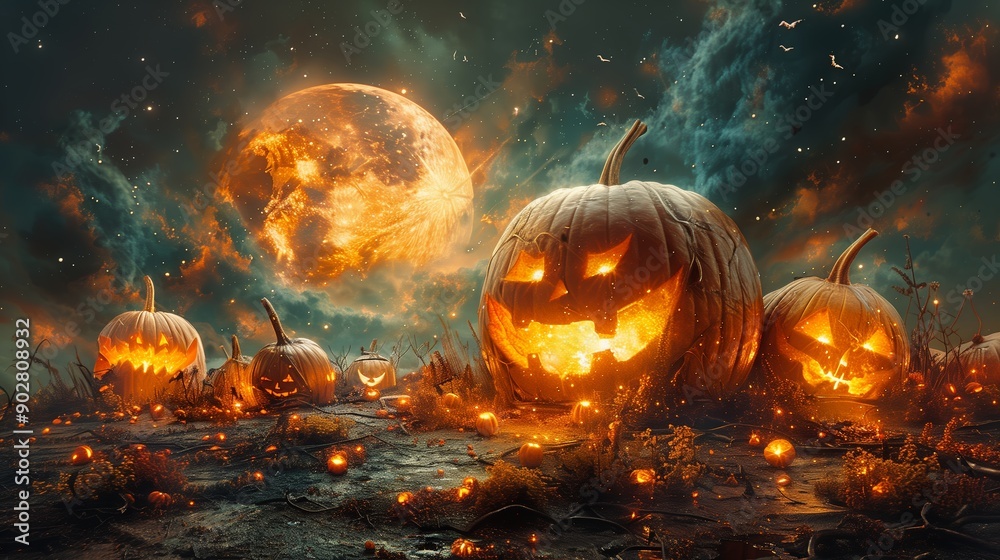 Naklejka premium Enchanting Halloween Night With Glowing Pumpkins Under a Mystical Orange Moon