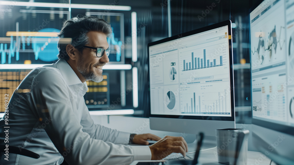 Financial analyst is working in his office, analyzing data displayed on multiple computer screens Financial analyst is working in his office, analyzing data displayed on multiple computer screens
