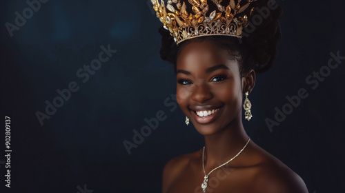 Beautiful smiling black skin woman wearing tiara, earrings, necklace isolated on dark navy background with copy space.