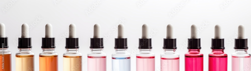 A row of six bottles of perfume are lined up on a white background. The bottles are all the same color and have a similar design. Scene is one of organization and order A row of six bottles of perfume are lined up on a white background. The bottles are all the same color and have a similar design. Scene is one of organization and order