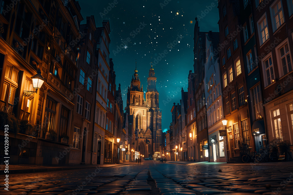 View of the streets of the old city at night. View of the streets of the old city at night.