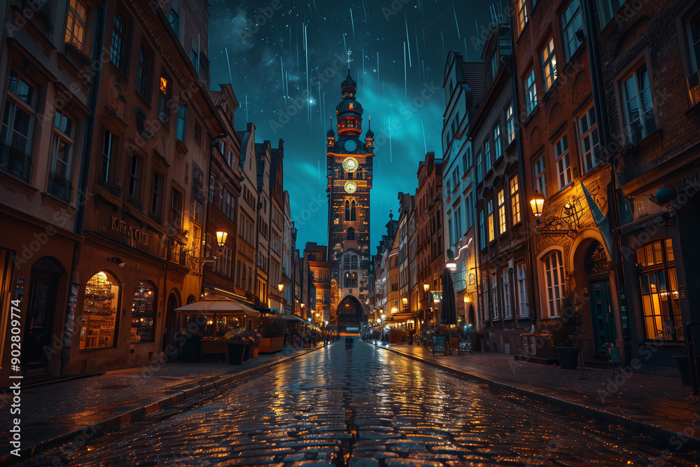 View of the streets of the old city at night.