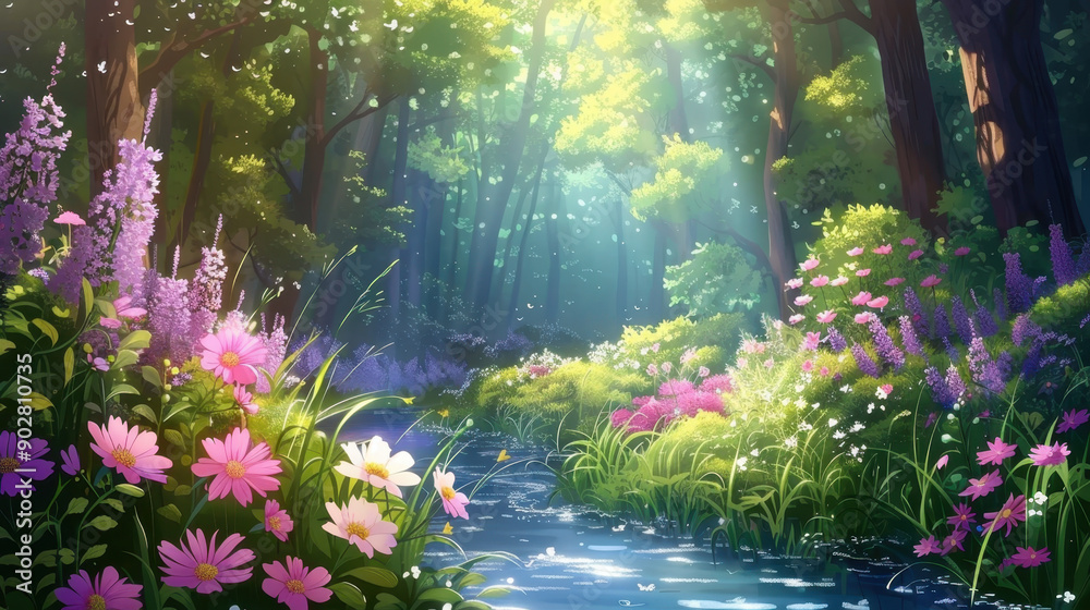 Obraz premium Serene forest scene featuring vibrant wildflowers beside a tranquil stream, illuminated by soft sunlight and surrounded by lush greenery