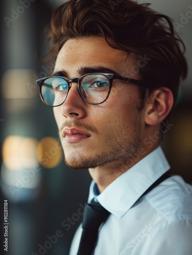 Stylish young man with glasses, exuding confidence and professionalism in modern office setting.