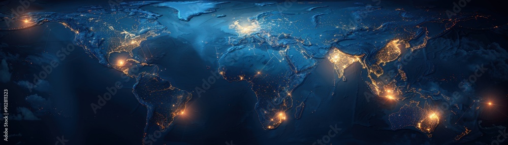 A blue and white image of the world with many lights on it. The lights are scattered all over the world, creating a sense of a global community. The image conveys a feeling of unity A blue and white image of the world with many lights on it. The lights are scattered all over the world, creating a sense of a global community. The image conveys a feeling of unity