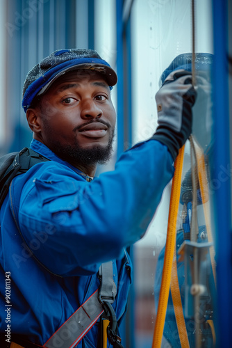 African American male cleaner wiping glass outside of building.