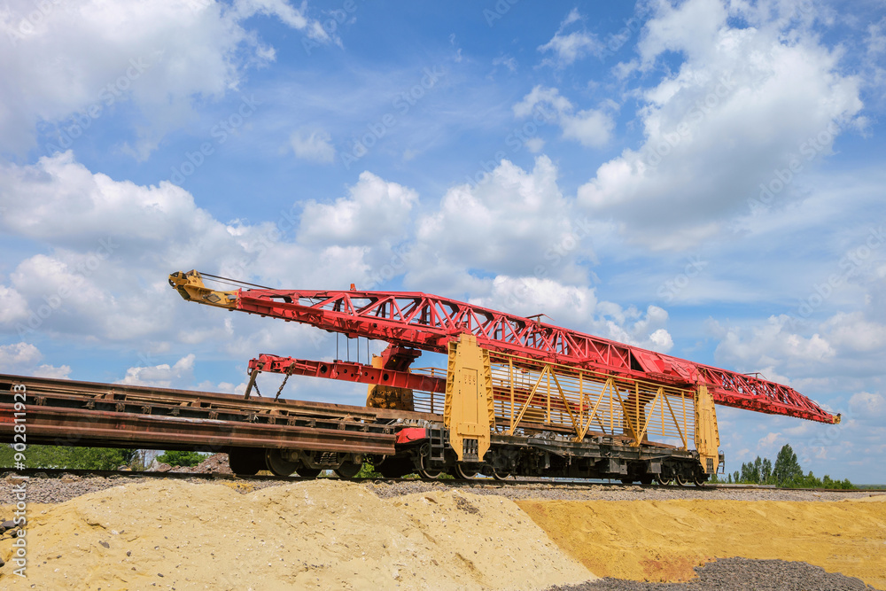 Track layer for transporting and laying rail and sleeper grids on railway tracks. Railway transport during the construction and repair of railways. Track layer for transporting and laying rail and sleeper grids on railway tracks. Railway transport during the construction and repair of railways.