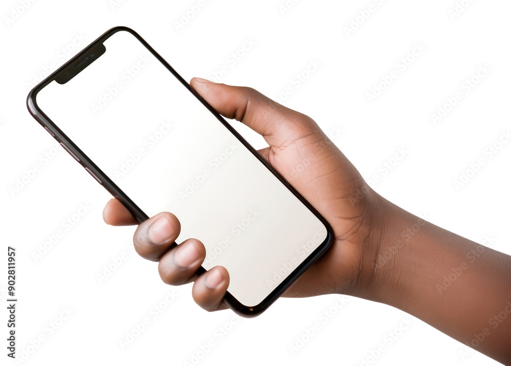 PNG A hand holding a phone with a blank screen ready white background photographing portability. PNG A hand holding a phone with a blank screen ready white background photographing portability.