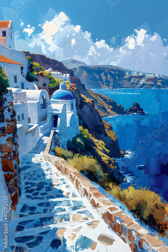 Vibrant Gouache Painting of Oia, Santorini