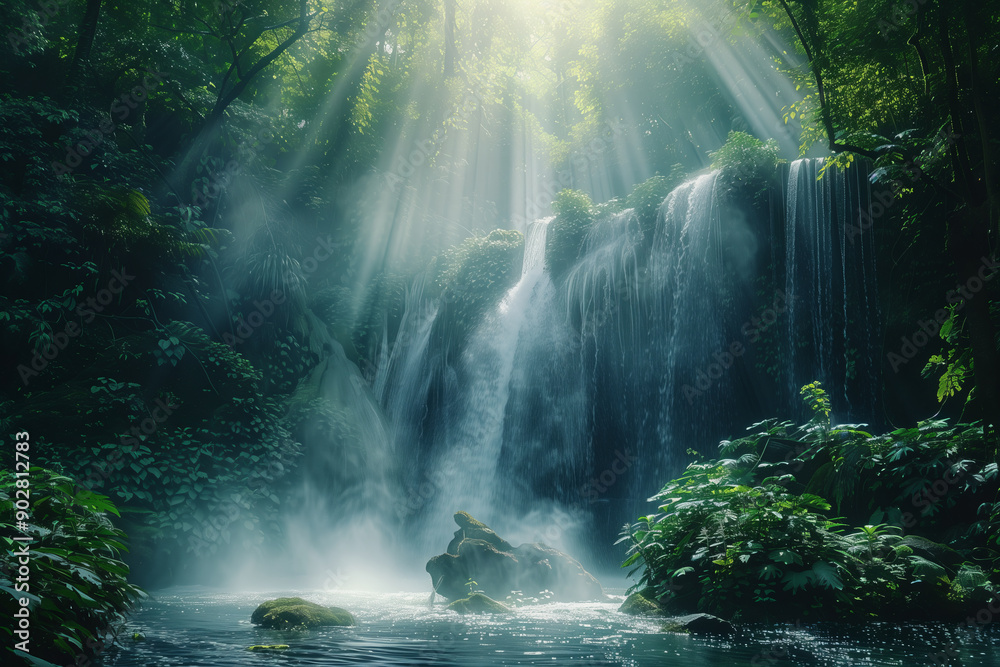 natural landscape There is a waterfall flowing down from the mountain in the green forest. natural landscape There is a waterfall flowing down from the mountain in the green forest.