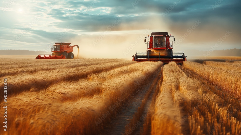 Fototapeta premium Modern agricultural machinery working on a vast field, harvesting crops