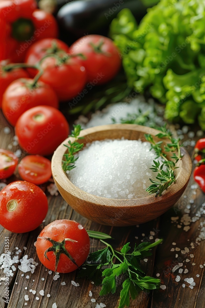 A person is holding a scale and measuring vegetables. The vegetables include tomatoes, broccoli, and carrots
