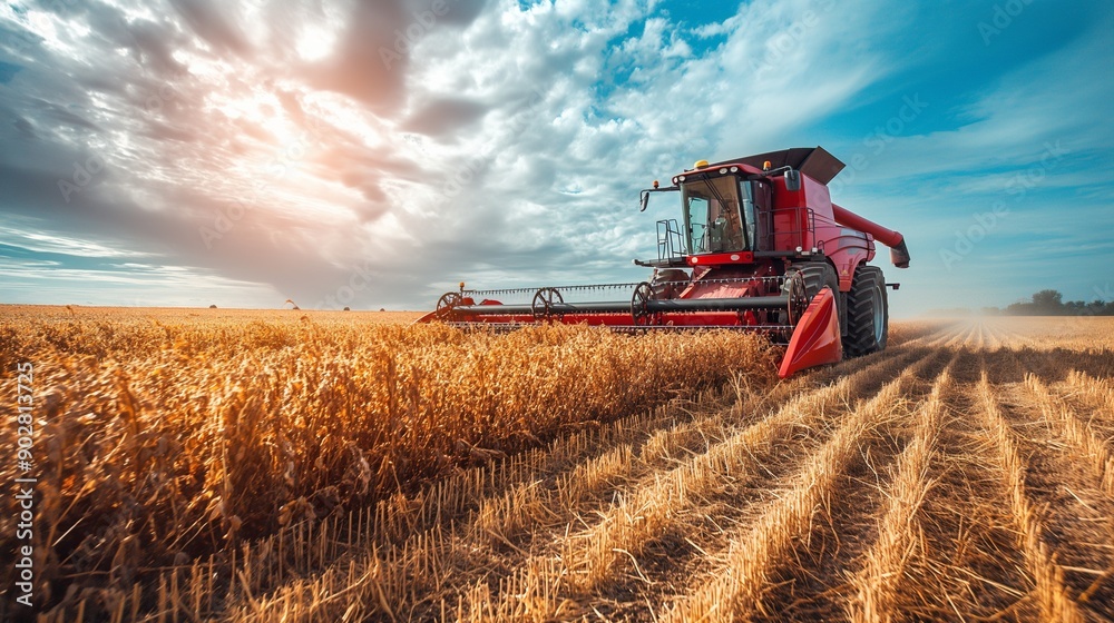 Obraz premium Modern agricultural machinery working on a vast field, harvesting crops