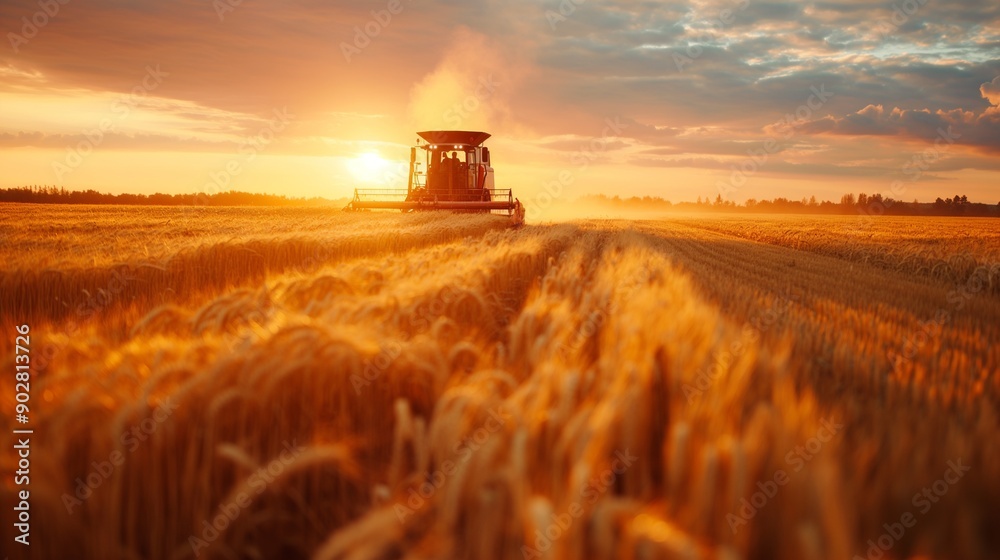Fototapeta premium Modern agricultural machinery working on a vast field, harvesting crops