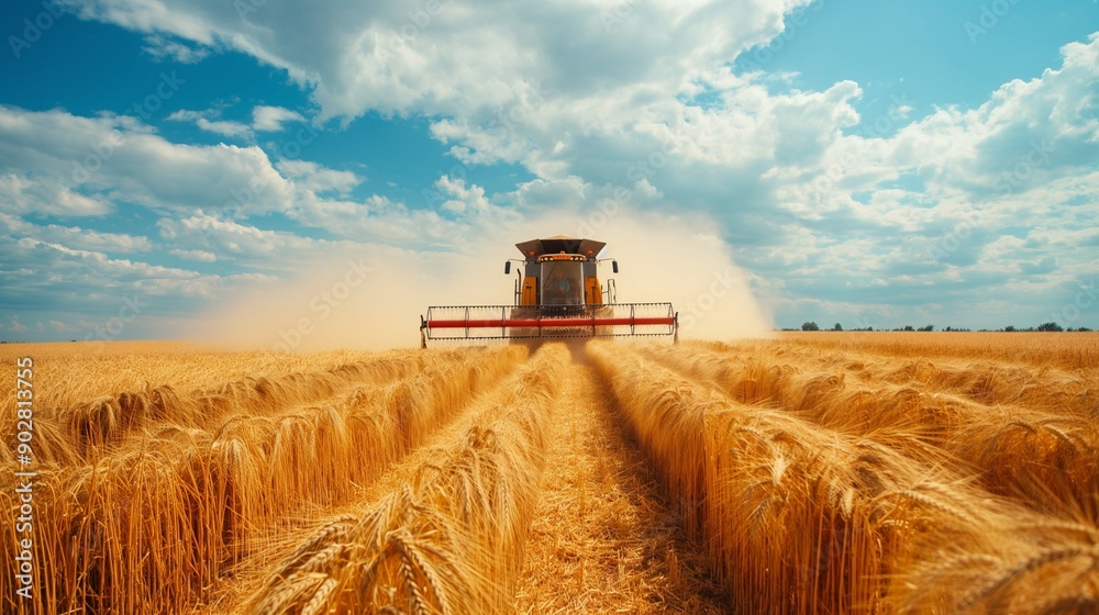 Fototapeta premium Modern agricultural machinery working on a vast field, harvesting crops
