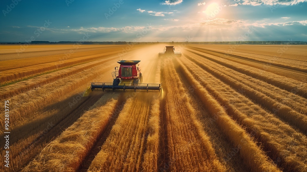 Modern agricultural machinery working on a vast field, harvesting crops Modern agricultural machinery working on a vast field, harvesting crops