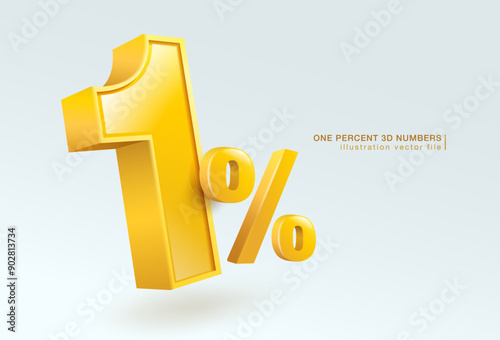 One percent 3d number or 1% special offer isolated on white background. 3d illustration vector file.