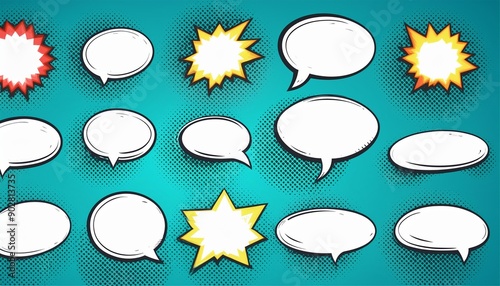 Obraz na płótnie Collection of empty comic speech bubbles with halftone shadows. Hand drawn retro cartoon stickers. Pop art style. Pop art retro cartoon stickers ,Vector illustration. w salonie
