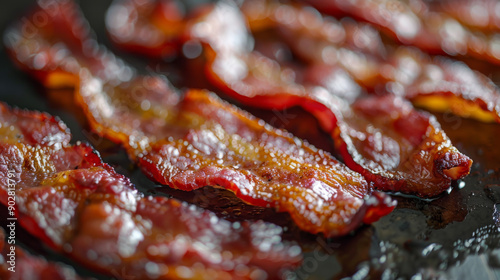 Sizzling bacon strips cooking on a griddle, with a rich, crispy texture and vibrant red-brown color.