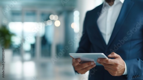 Modern Businessman Using Digital Tablet in Contemporary Office Environment