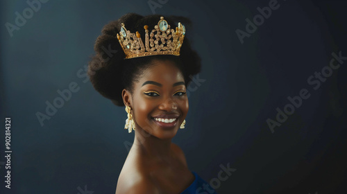 Beautiful smiling black skin princess wearing tiara, earrings, necklace isolated on dark navy background with copy space.