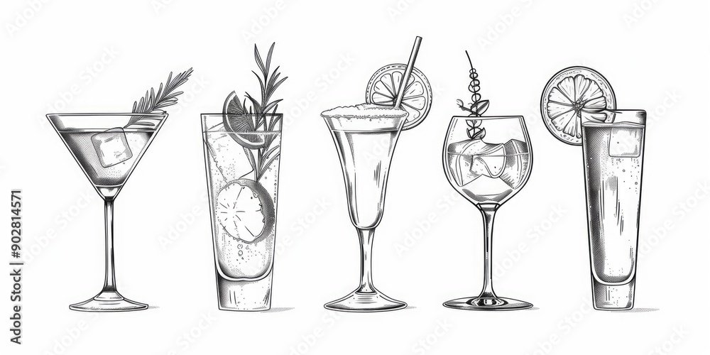 Line drawing of various cocktail glass shapes Line drawing of various cocktail glass shapes