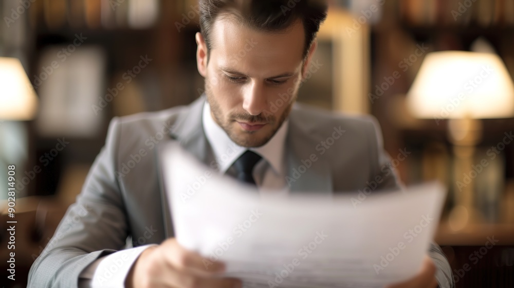 Concentrated Businessman Analyzing a Report in a Serene Private Office Concentrated Businessman Analyzing a Report in a Serene Private Office
