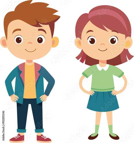 Cartoon Carecter Cute stylish young boy and girl on white background photo