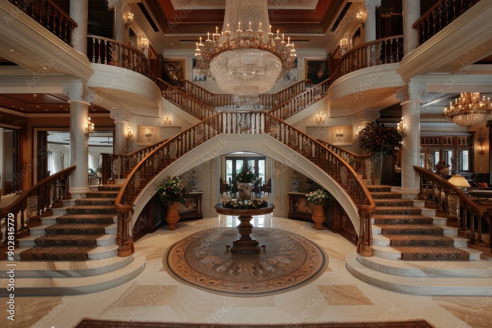 Obraz premium A luxurious hallway featuring a grand chandelier, dual curved staircases, exquisite wooden and iron details, marble floors, and lushly designed interiors.