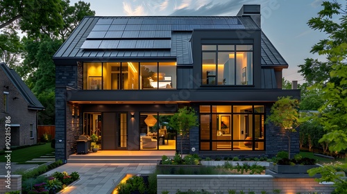 Modern Eco-Friendly Living. New suburban home with solar panels photo