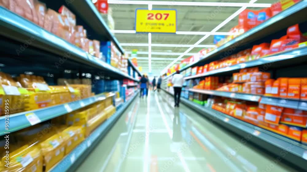 Blurred Aisle in Supermarket with Discount Sign Blurred Aisle in Supermarket with Discount Sign